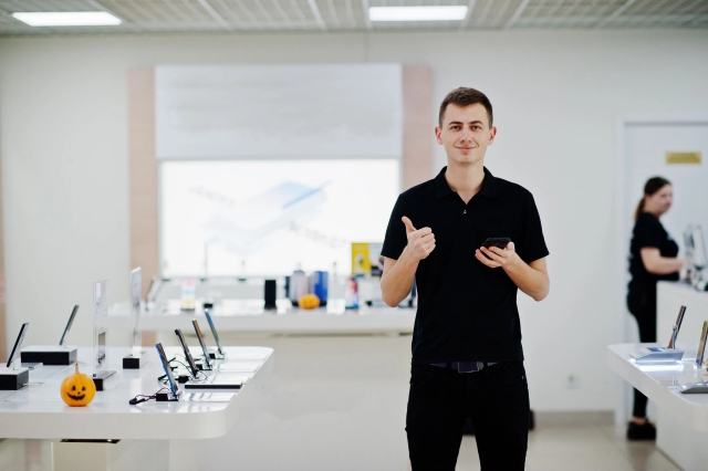 Estanterías con productos tecnológicos para gestión de tiendas de informática con Velneo